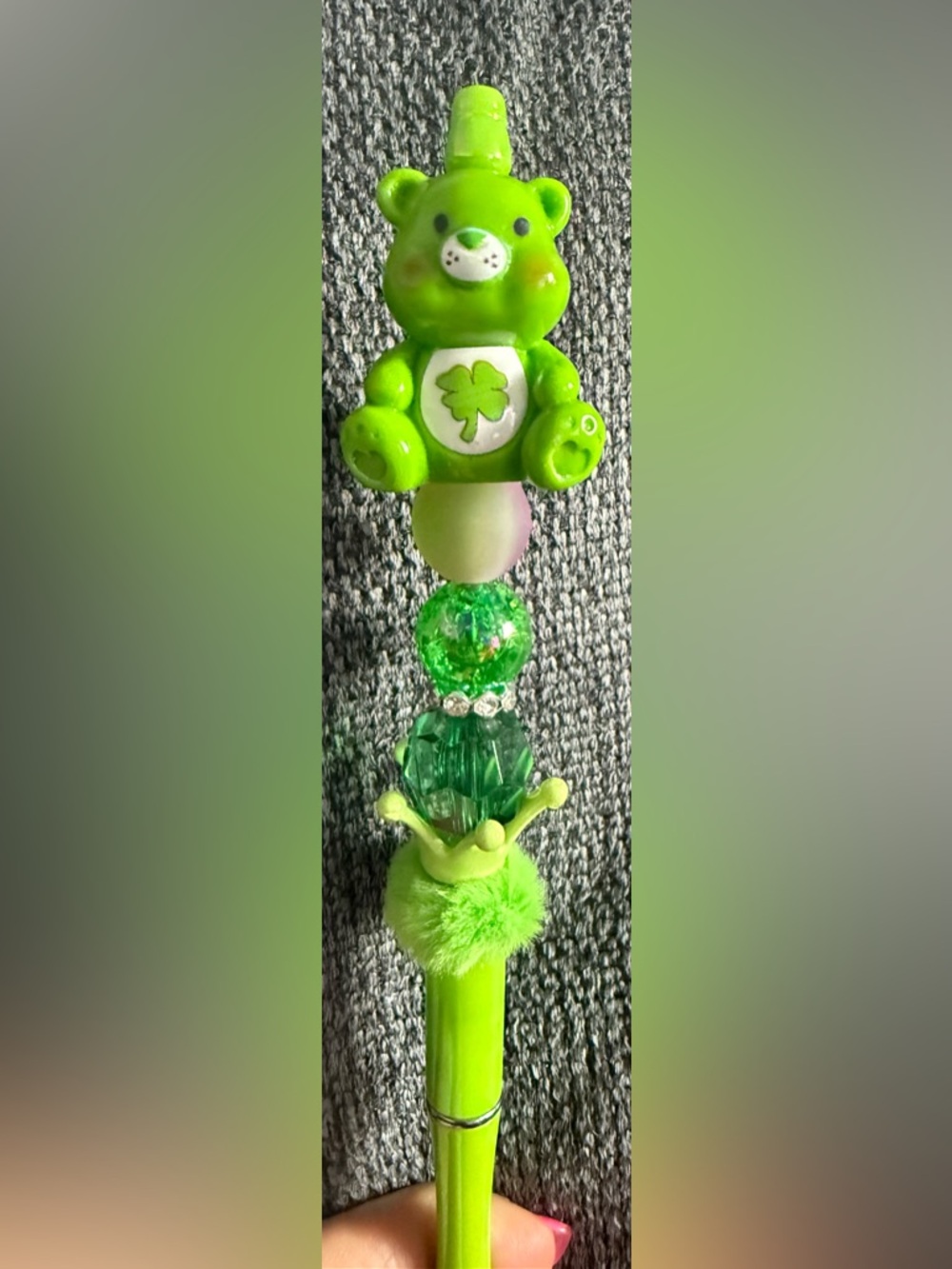 Green Bear Shamrock  beadable pen-homemade